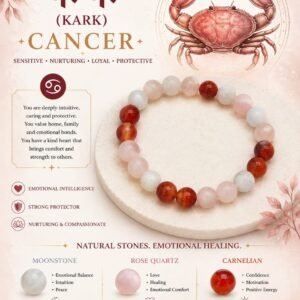 Cancer (Kark) Zodiac Crystal Healing Bracelet – Moonstone, Rose Quartz & Carnelian