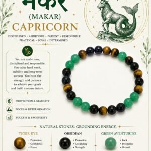 Capricorn (Makar) Zodiac Crystal Healing Bracelet – Tiger Eye, Obsidian & Green Aventurine