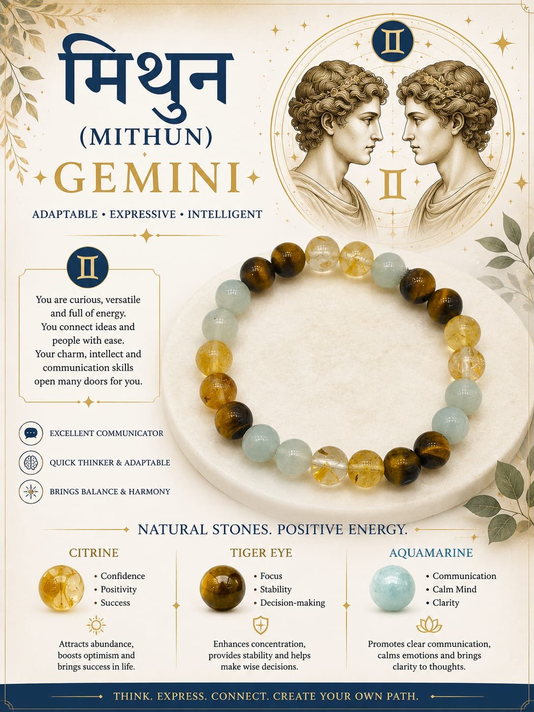 ♊ Gemini (Mithun) Zodiac Crystal Healing Bracelet – Citrine, Tiger Eye & Aquamarine