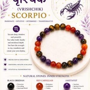 ♏ Scorpio (Vrishchik) Zodiac Crystal Healing Bracelet – Black Obsidian, Red Carnelian & Amethyst