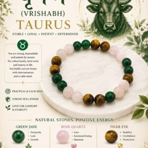 ♉ Taurus (Vrishabh) Zodiac Crystal Healing Bracelet – Green Jade, Rose Quartz & Tiger Eye